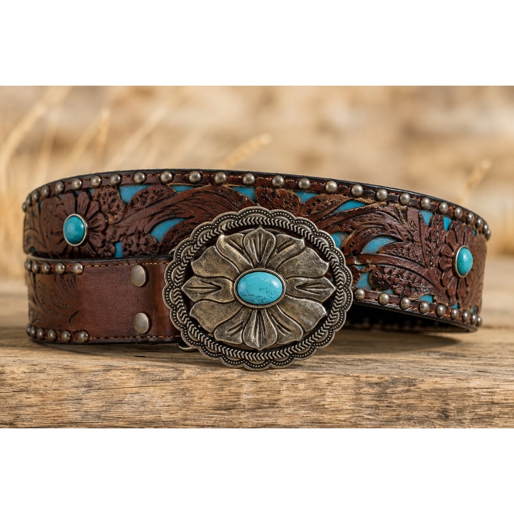 Western Tooled Leather Turquoise Concho Belt Studded Cowgirl Boho Festival 32"